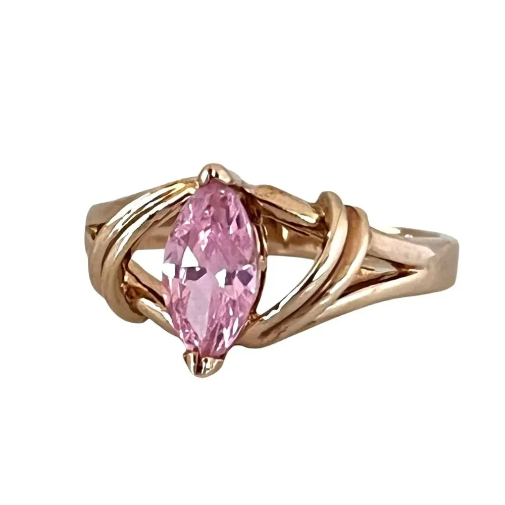 Vintage 1980s Pink CZ Marquise Ring Size 9 14KTGE Gold Plate - 14D